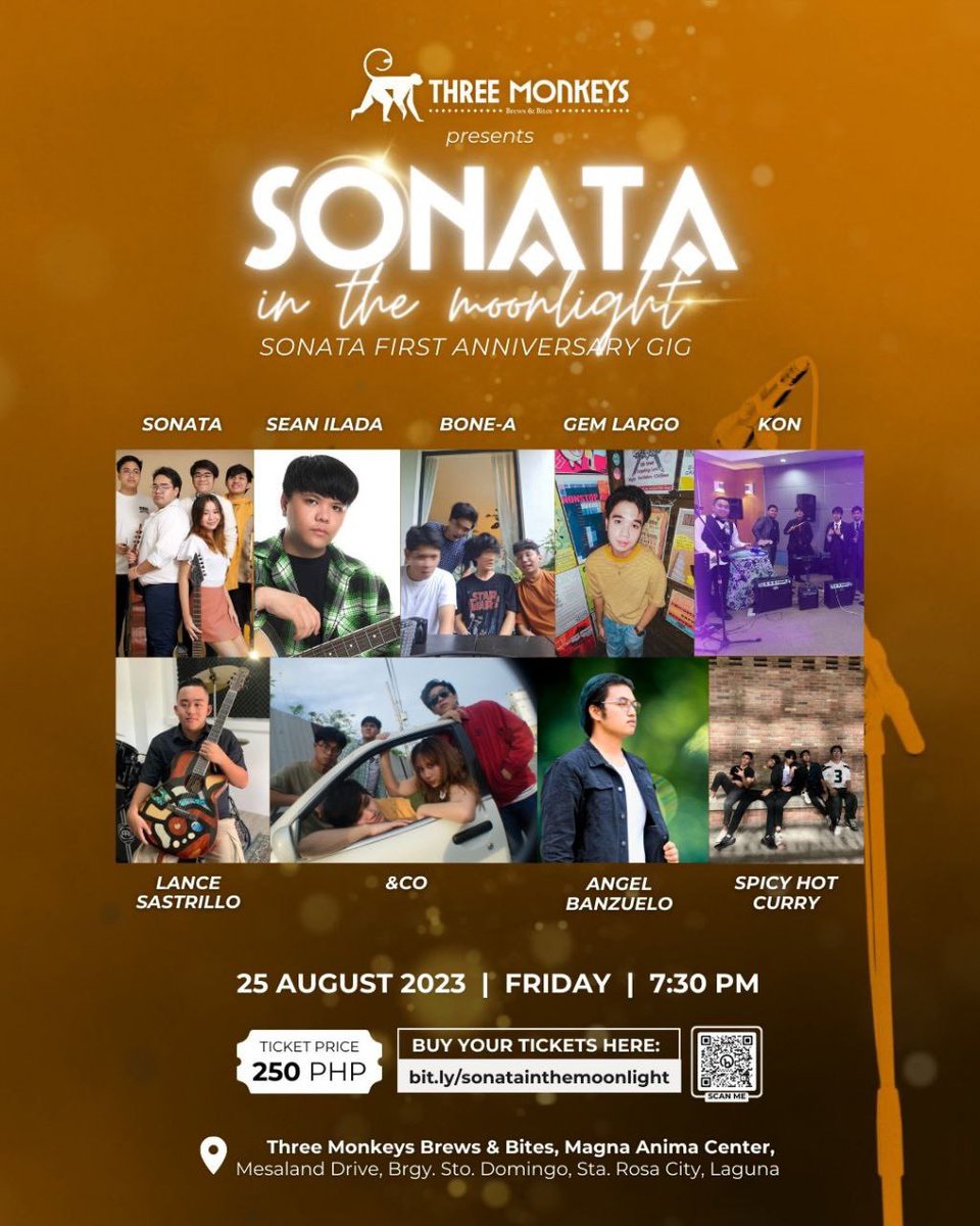 SonataMusic_'s tweet photo. Join us for Sonata's 1st anniversary gig “Sonata in the Moonlight” on August 25 at Three Monkeys Brews and Bites Tickets are only Php250. See you there!

Scan the qr code or click the link to grab your tickets!

https://t.co/8IBg73MhFV https://t.co/zJsXR644Rj