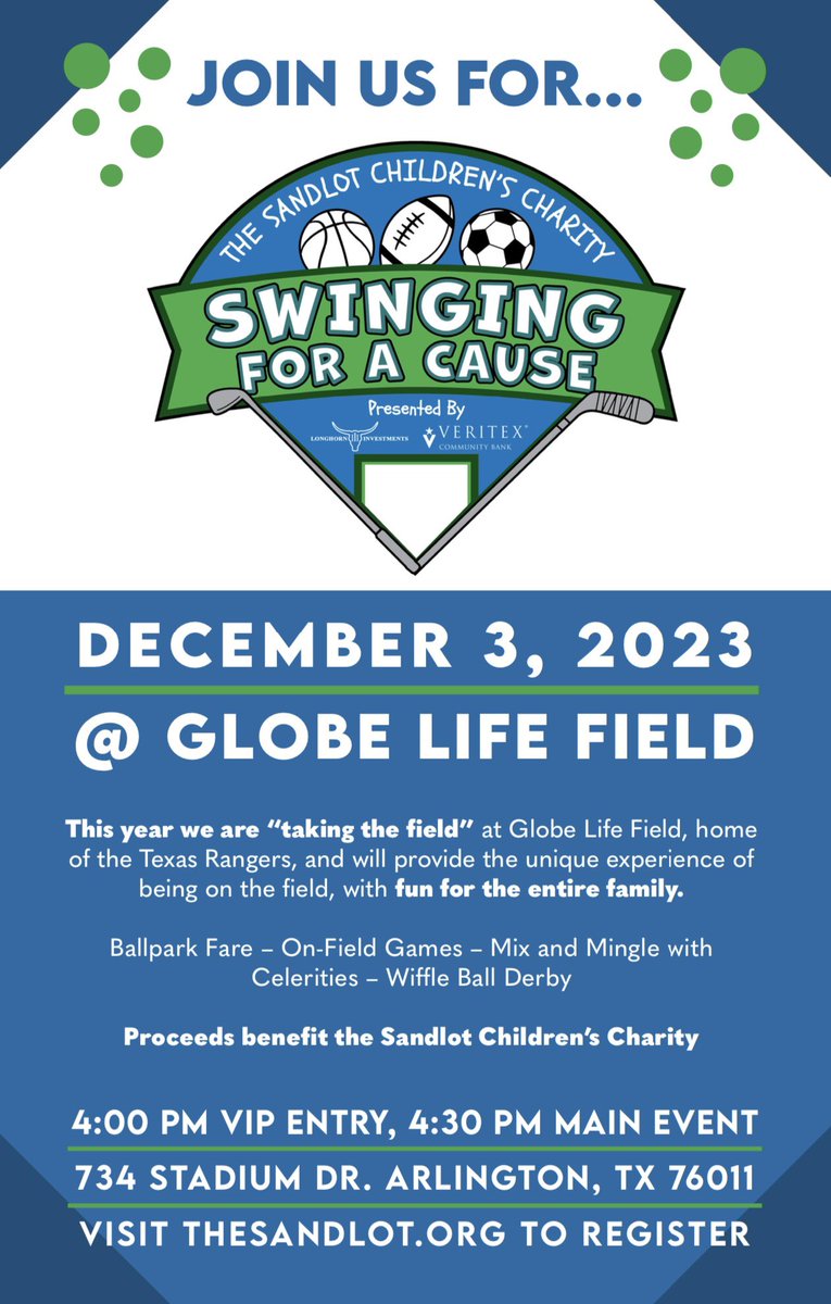 We’re just a little over 1️⃣0️⃣0️⃣ DAYS AWAY from our Swinging for a Cause event at @GlobeLifeField on DECEMBER 3! You’re not going to want to miss this! 🥳 Visit thesandlot.org to register now!