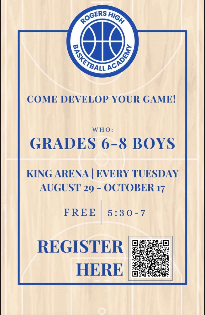 We’re excited to announce the Rogers High Basketball Academy for this fall! Scan the QR code in the flyer to register. Come develop your game! 
<a href="/rhs_21/">RHS-Athletics</a>
 
@RPS_Athletics
 
<a href="/RHS_Williams/">Lisa Williams</a>
 
<a href="/ElmwoodRaiders/">Elmwood Raiders</a>
 
<a href="/KirkseyCougars/">KirkseyCougars</a>
 
<a href="/AAOTEAM/">AAO</a>