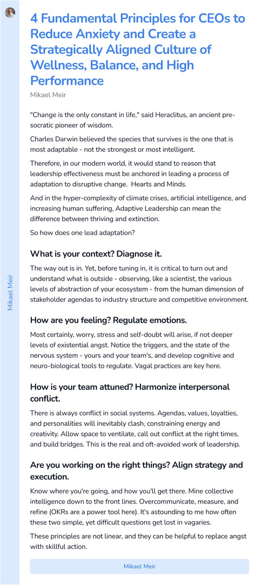 MikaelMeir's tweet photo. 4 Fundamental Principles for CEOs to Reduce Anxiety and Create a Strategically Aligned Culture of Wellness, Balance, and High Performance 
Essay 30/30 (Phew!)
#Ship30in30 https://t.co/RpJSuKnlDH