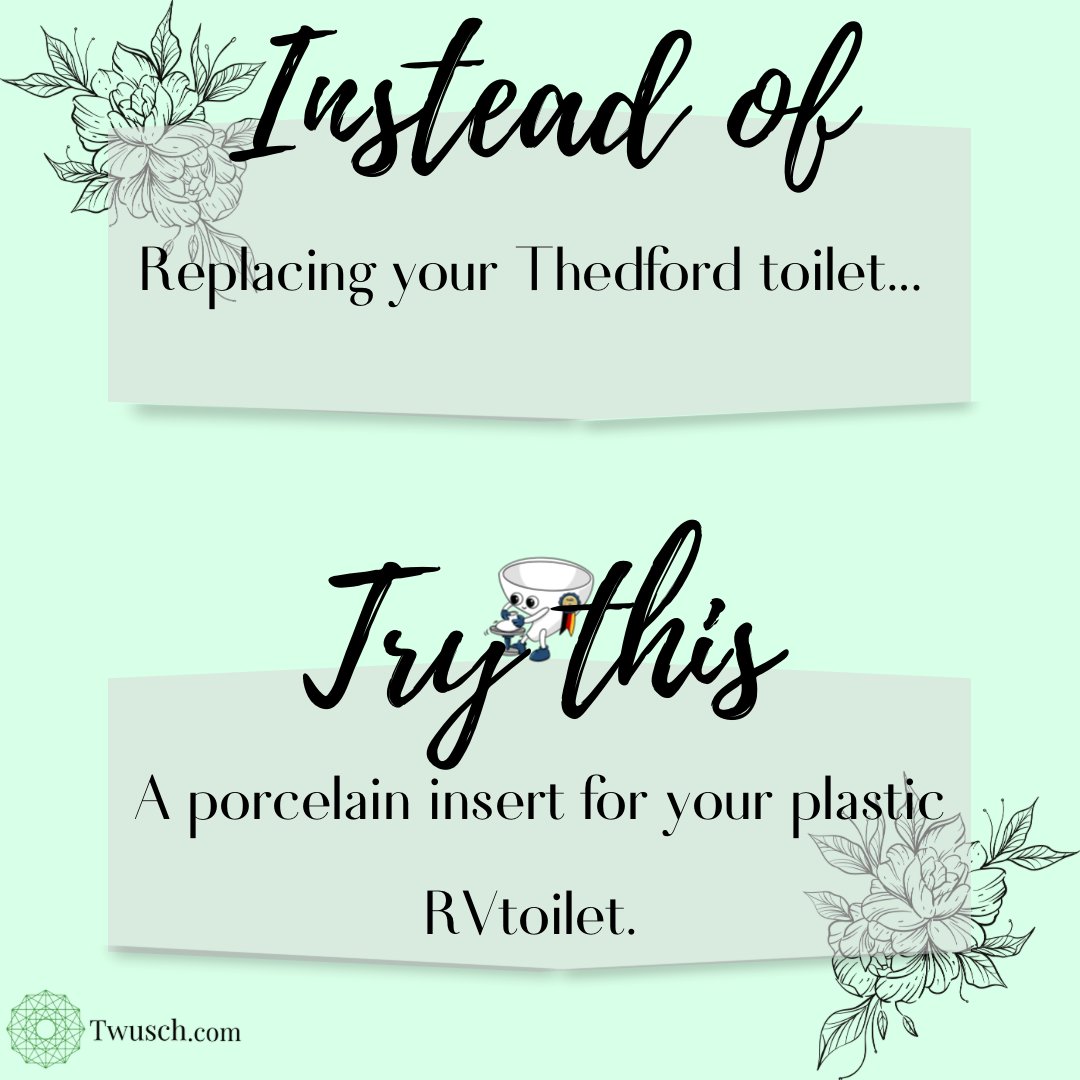 twuschcanada's tweet photo. Instead of replacing your entire Thetford RV plastic toilet, because it’s stained and unsightly. You can just insert a Twusch, a porcelain toilet insert. It's extremely easy to do: clean, insert, seal, done! Get yours today! #Twusch #rvbathroom #thetfordtoilet #rvtoilet #rvlife https://t.co/Ej8ROi98aW