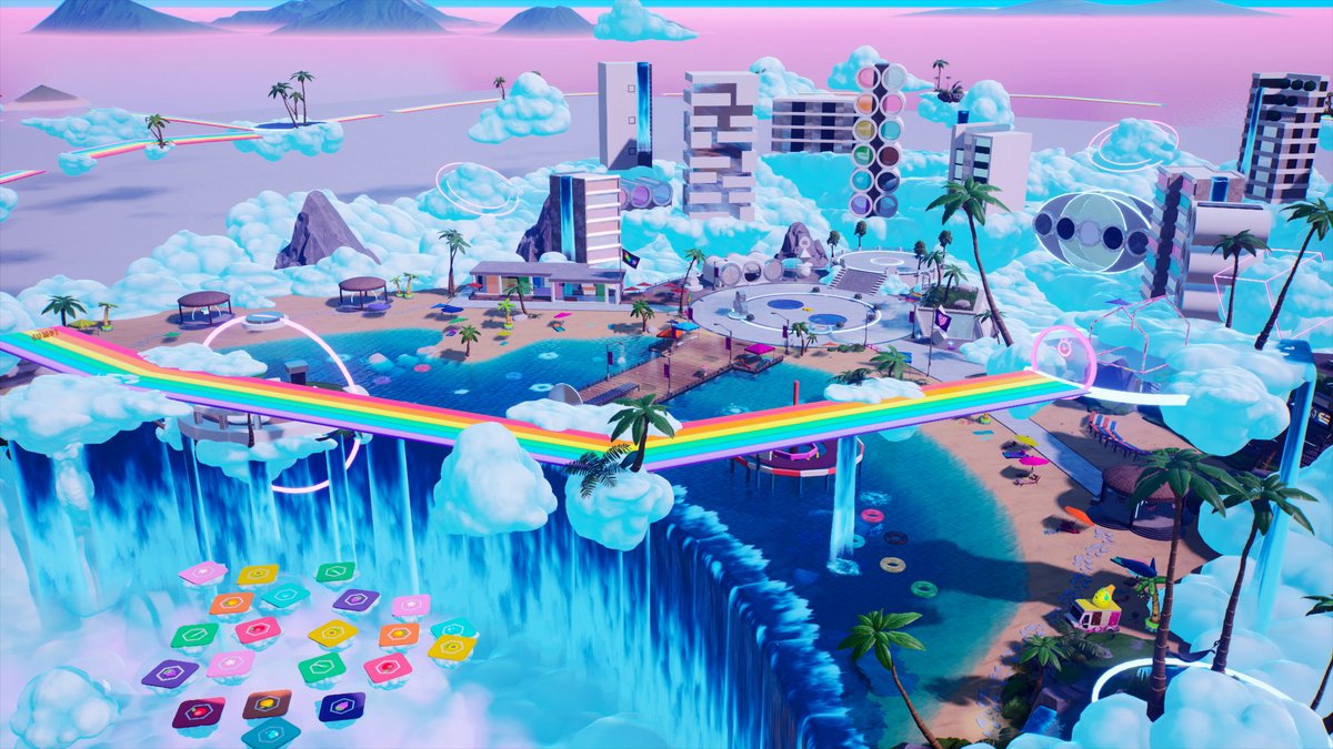 Fortnite's tweet photo. Rainbow Crossroads returns! Jump into this colorful island now! 🌈

🏝 Island Code: 0487-8528-5944 https://t.co/GZYIUGYmt9