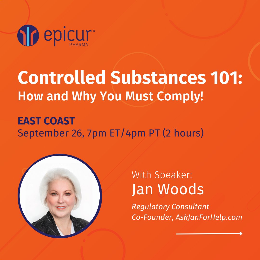 EpicurP's tweet photo. We are excited to offer two new sessions of Jan’s Controlled Substances Webinar! Choose which session works best for your schedule:

9/19 at 7pm PT (Ideal for West Coast): https://t.co/VOxruJ4pkF

9/26 at 7pm ET (Ideal for East Coast): https://t.co/fuwUFeObw0 https://t.co/r6PD5DEyHr