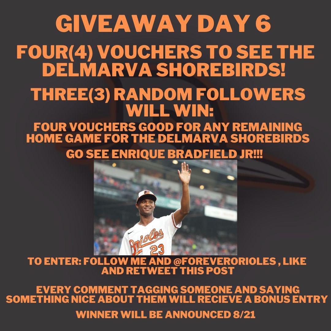 jbenowitz1831's tweet photo. Surprise!!! 
🚨GIVEAWAY DAY 6🚨
Just when you thought we were done, we got one more for ya. Go catch @EBradfield20 and the @shorebirds this season. A huge thanks to @ForeverOrioles for making this one happen! Good luck #Birdland! https://t.co/CDi2NQwfDc