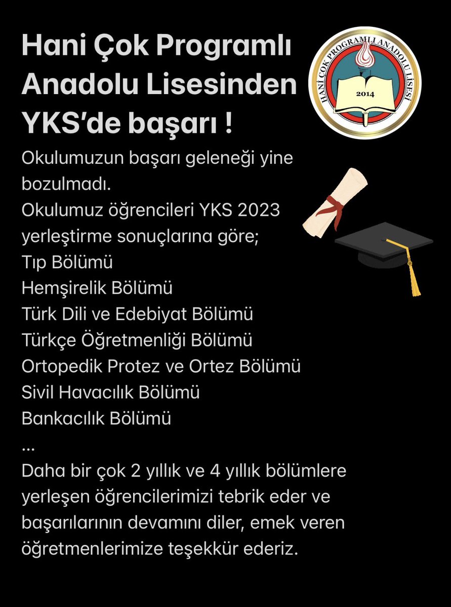 Okumuzun başarı geleneği yine bozulmadı. Başta öğrencilerimizi tebrik eder, emeği geçen öğretmen ve idari amirlerimize teşekkür ederiz. 🌸
<a href="/tcmeb/">Millî Eğitim Bakanlığı</a> 
<a href="/ZekiKaya021/">Zeki Kaya🇹🇷🇵🇸</a> 
<a href="/akaraceylan2021/">Abdullah KARACEYLAN</a> 
<a href="/hani_mem/">Hani İlçe Milli Eğitim Müdürlüğü</a> 
<a href="/HaniKaymakamlik/">T.C. Hani Kaymakamlığı</a> 
<a href="/Yusuf__Tekin/">Yusuf Tekin</a> 
<a href="/Diyarbakirmem/">Diyarbakır İl Millî Eğitim Müdürlüğü</a> 
<a href="/aliihsansu_/">Ali İhsan Su</a> 
<a href="/Murat4Kucukali/">Murat Küçükali</a>