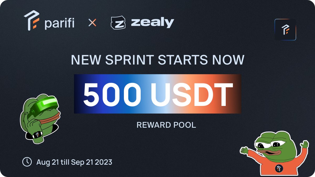 🚀 Ready to win amazing rewards? 

Our new sprint is live on <a href="/zealy_io/">Zealy</a> now  👀

Complete the quests, climb the ranks on the leaderboard and claim your rewards  💸

🎁 Reward Pool: 500 USDT 
🥇 Total Winners: 5  
📅 Aug 21 - Sep 21 2023  

🔗zealy.io/c/parifi/invit…