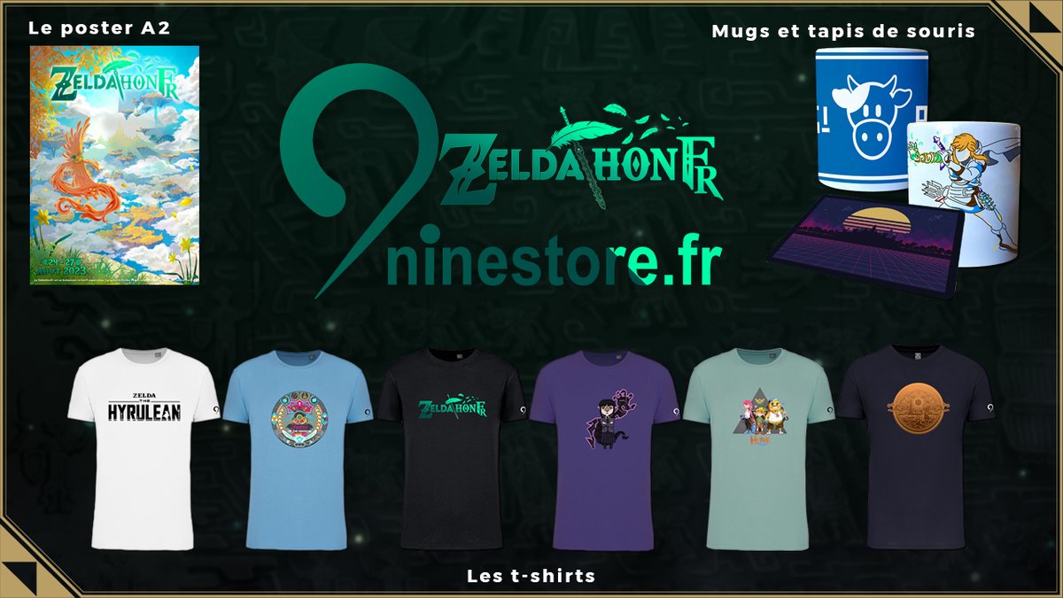 ZeldathonFR's tweet image. Envie de soutenir l'association @GoldenPhenixFR, organisatrice de ce #zeldathonfr ? 🔥

Notre boutique officielle @NineStoreFrance a ce qui vous faut !
T-shirts, mugs, tapis de souris et posters (par @MilaVye_  ) sur le thème de #Zelda🍃

▶️zeldathon.ninestore.fr ◀️