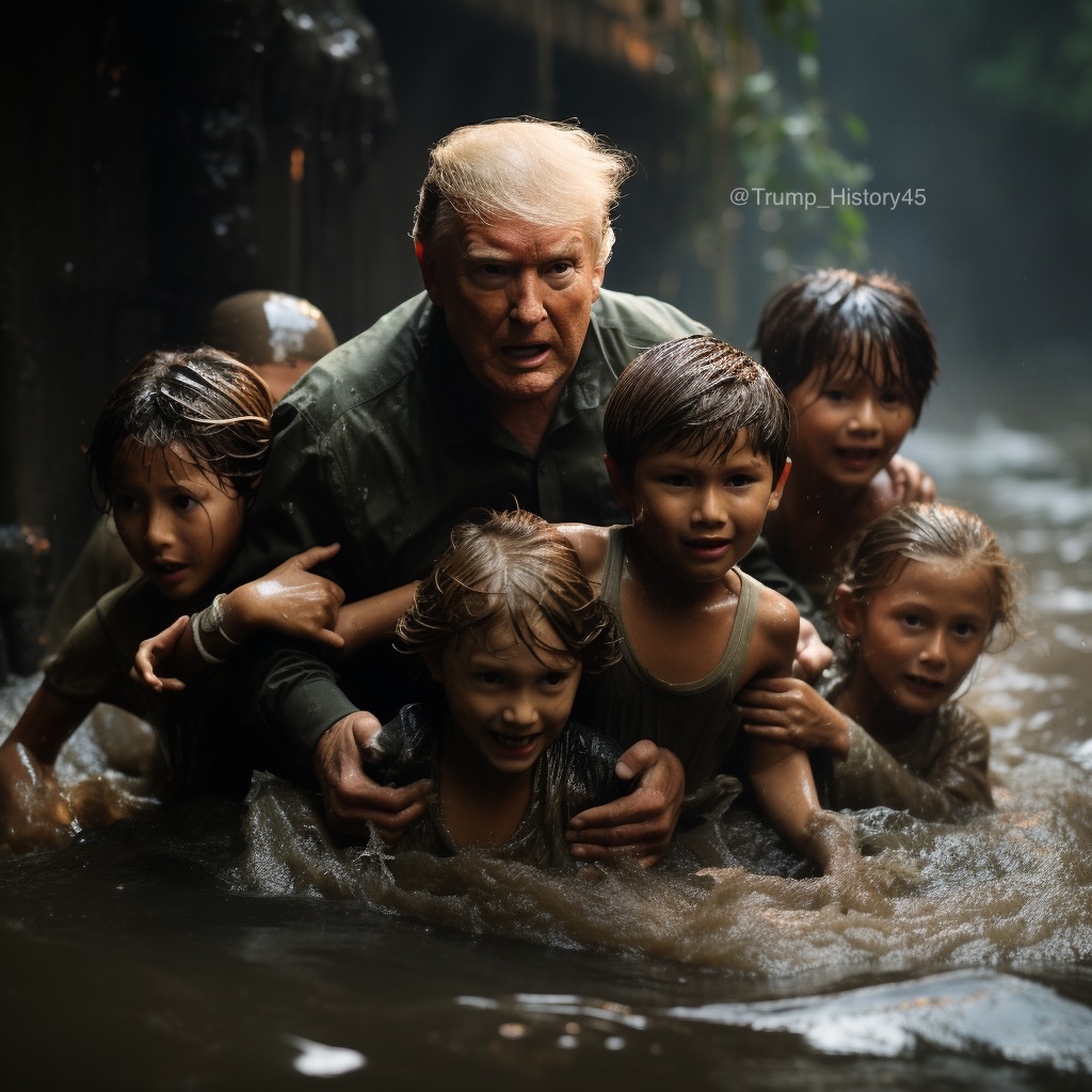 Trump_History45's tweet photo. 🚨 BREAKING 🚨

Donald Trump was spotted in Mexico rescuing a group of children from the flash floods caused by Hurricane Hilary. https://t.co/dpJwm3UPq2