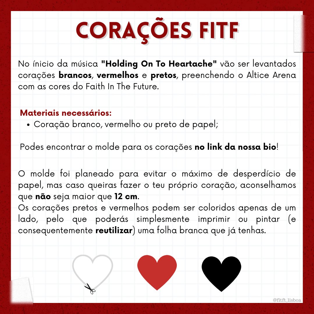 fitft_lisboa's tweet photo. 1º Iniciativa|❤️🤍🖤

Durante "Holding On To Heartache" serão levantados corações vermelhos, brancos e pretos.

Para esta iniciativa apenas irás precisar de um coração de uma destas cores. Podes encontrar um molde do coração na nossa bio!

Lê com atenção as duas imagens. https://t.co/ANs8kICpaa