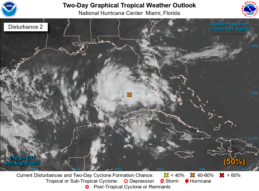 2pm EDT Sun 20 August: The outlook map this afternoon remains very busy. In addition to #TD6 &amp; #Emily, three other features are being monitored for tropical cyclone formation.

Of these, both Invest #90L &amp; #91L have potential land impacts.

Latest Outlook:nhc.noaa.gov/gtwo.php?basin…