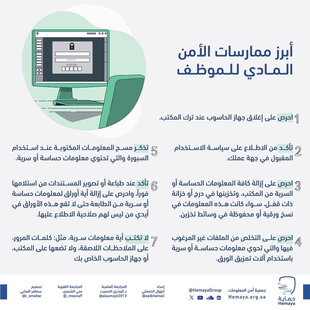 حرصك على اتباع الممارسات الأمنية في عملك يحميك ويحمي منظمتك من التهديدات السيبرانية 

#انفوجرافيك | أبرز ممارسات الأمن المادي للموظف

#حماية