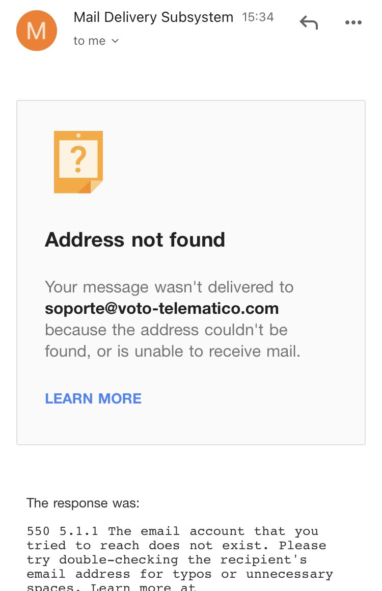 nya_lar's tweet photo. @cnegobec Mentira. El email que ofrecieron en la página de voto telemático generaba error. No pudimos recibir soporte. https://t.co/rDxWxFWDYx