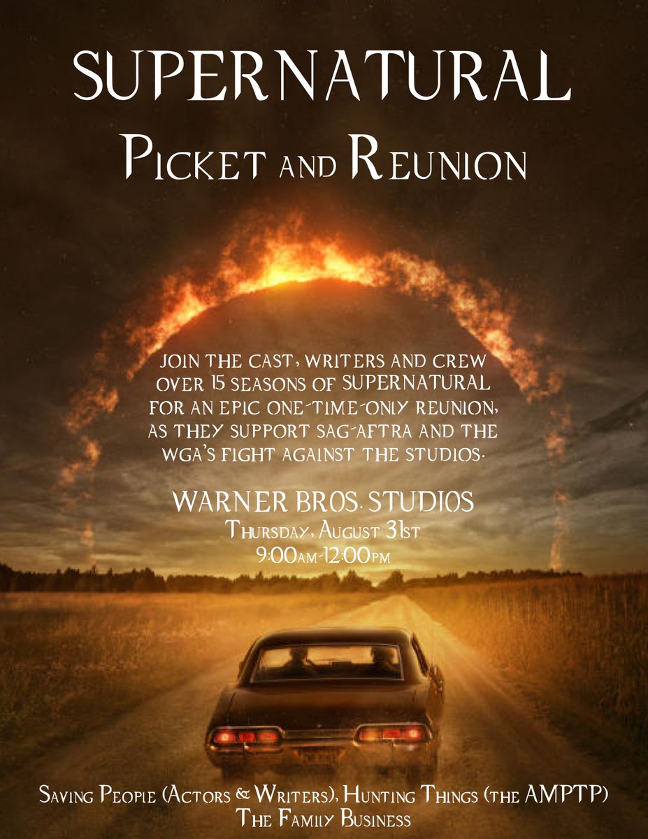 therealKripke's tweet image. Calling #SPNFamily. Come picket with 15 years worth (!!) of #Supernatural actors &amp;amp; writers. Could be our biggest reunion ever, to support the unions' fight against the billionaires. Also there will be pie &amp;amp; burgers. 
#WGAStrong #SAGAFTRAstrong  #SPN #TheBoys #TheBoysTV