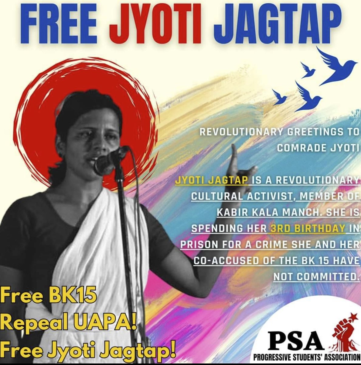 On her 3rd birthday in prison we remember #JyotiJagtap who described #KabirKalaManch's  songs as 'grounded in our own life experiences to educate, give direction to laboring people and document their struggles ...' #BhimaKoregaon16