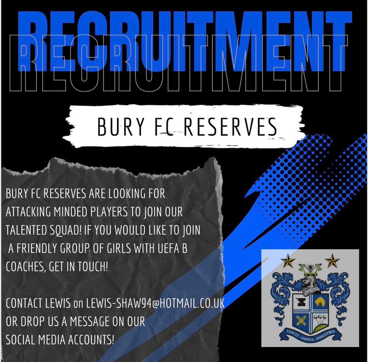 Inspired by the <a href="/Lionesses/">Lionesses</a> journey? 

Bury FC Reserves are recruiting…

We are looking to add a couple of additional players to our talented squad ahead of the new season, details below 👇 

#BuryFC | #HerGameToo | #ThisGirlCan