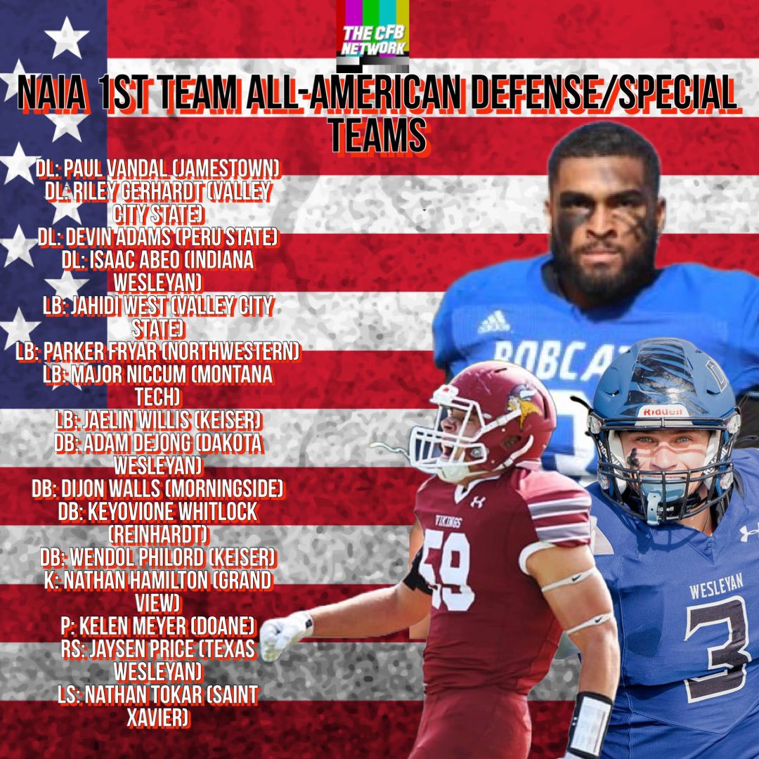 thecfbnetwork's tweet photo. Here are the picks for the CFBNETWORK NAIA Preseason All-American 1st Team Defense/Special Teams https://t.co/uKjO97lxZj