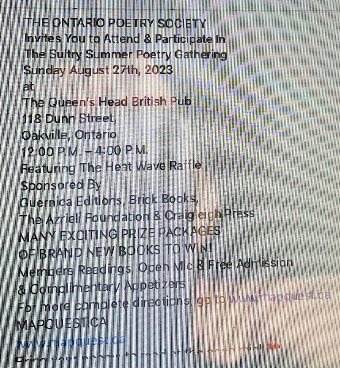 lafatablu's tweet photo. You're invited: next Sunday, August 27, to the Ontario Poetry Society's Sultry Summer Poetry Event, at the Queen's Head British Pub in Oakville, Ontario. See poster below for more info. Come to listen or share your poetry at our open mic. Free admission. Free parking on Sundays. https://t.co/cTAiTRHPxl
