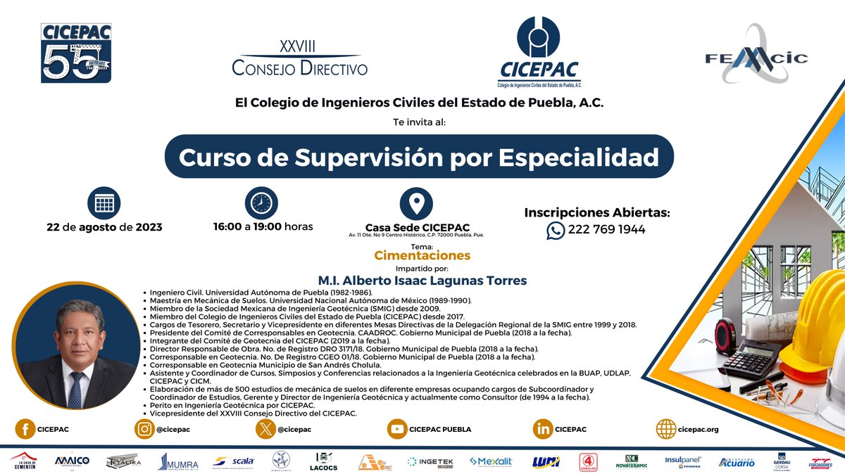 Te recordamos:

El martes 22 de agosto de 2023 se llevará a cabo el "Curso de Supervisión por Especialidad", con el tema "Cimentaciones", a las 16:00 horas, con el M.I. Alberto Isaac Lagunas Torres

¡No te lo puedes perder!

#cicepac #femcic #juntossomosfemcic #supervisión