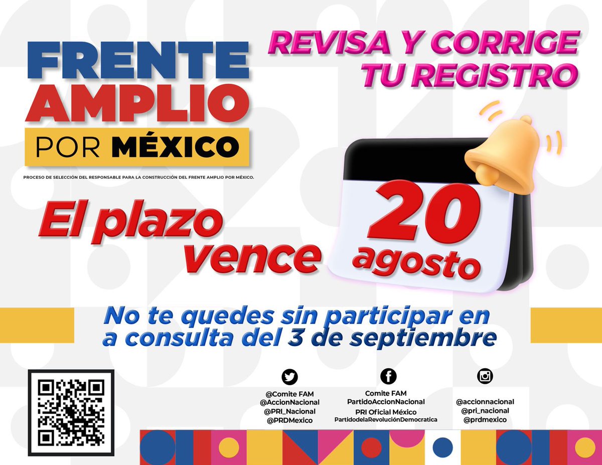 Alonsotamez's tweet photo. El cargo más importante en una democracia es el de ciudadano 🏛️

Hoy es el último día para registrarte y participar en la consulta ciudadana del 3 de septiembre —toma sólo 5 minutos—.

Tú decidirás quién encabezará el #FrenteAmplioPorMéxico: @SantiagoCreelM, @XochitlGalvez o @BeatrizParedes 🔴🔵🟡

✅ https://t.co/CvHhKGS4SN