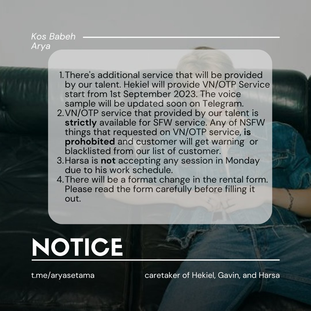 ━ 𝐎𝐏𝐄𝐍 𝐅𝐎𝐑𝐌 𝐅𝐎𝐑 𝐒𝐄𝐏𝐓𝐄𝐌𝐁𝐄𝐑

As anticipated, Kos Babeh Arya is pleased to announce that on 21 August 2023, we will start accepting boyfriend rental forms for the month of September. There are a few things to note that are listed in the second photo.
