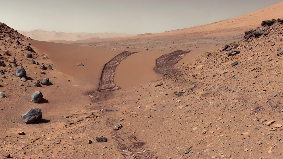 🇫🇷Traces de roues sur Mars, prises par le rover Curiosity. Le rover Curiosity ne se déplace qu'à une vitesse de 50 mètre par sol en moyenne. (un sol étant un jour martien et correspond à 24 heures et 39 minutes sur Terre)
🇺🇸Wheel tracks on Mars, taken by the Curiosity rover. The