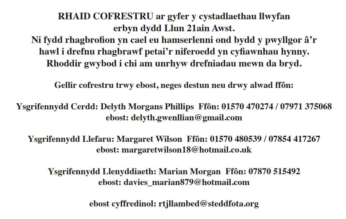 SteddfodLlanbed's tweet photo. 📌Mae Eisteddfod Rhys Thomas James Pantyfedwen Llanbedr Pont Steffan ar y gorwel, gyfeillion! Byddwn ni yng nghanol bwrlwm y cystadlu yr adeg yma wythnos nesa'! 
⏰Ond cyn hynny, mae'n rhaid i chi gofio cofrestru ... dyma'r manylion: https://t.co/rWPIvspytb
