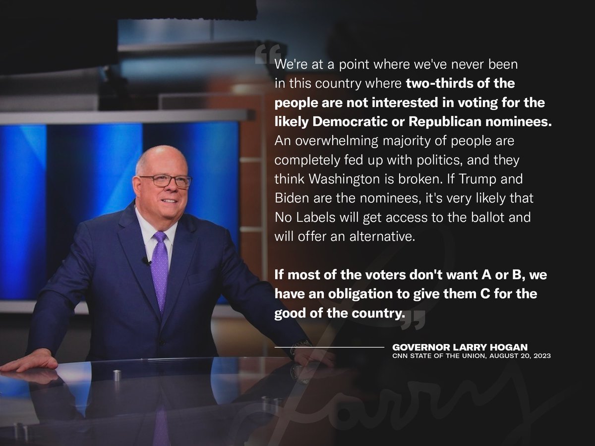 GovLarryHogan's tweet image. We're at a point where we've never been in this country where two-thirds of the people are not interested in voting for the likely Democratic or Republican nominees. An overwhelming majority of people are completely fed up with politics, and they think Washington is broken. If…
