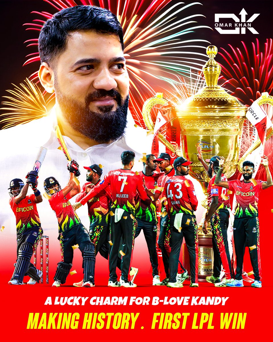 OK_OmarKhan's tweet photo. B-Love Kandy: Making History 👑
Celebrating our first LPL victory and a monumental season! 🏏

We are the Number One and Only One, walking away with the trophy,
The journey to this historic win has been nothing short of remarkable! 🥳🎉

Here's to more triumphs and unforgettable moments ahead! 🚀

#BLoveKandy #BloveNetwork #LPL2023 #OmarKhanOK