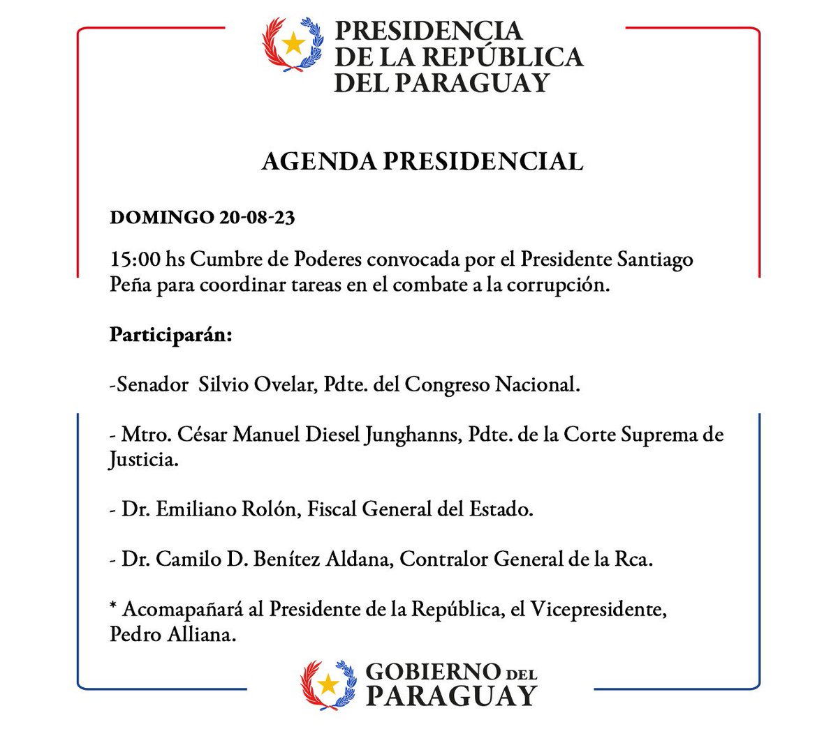 En minutos empieza la primera cumbre de poderes convocada por el Pdte Santiago Peña para analizar acciones conjuntas en el combate a la corrupción.