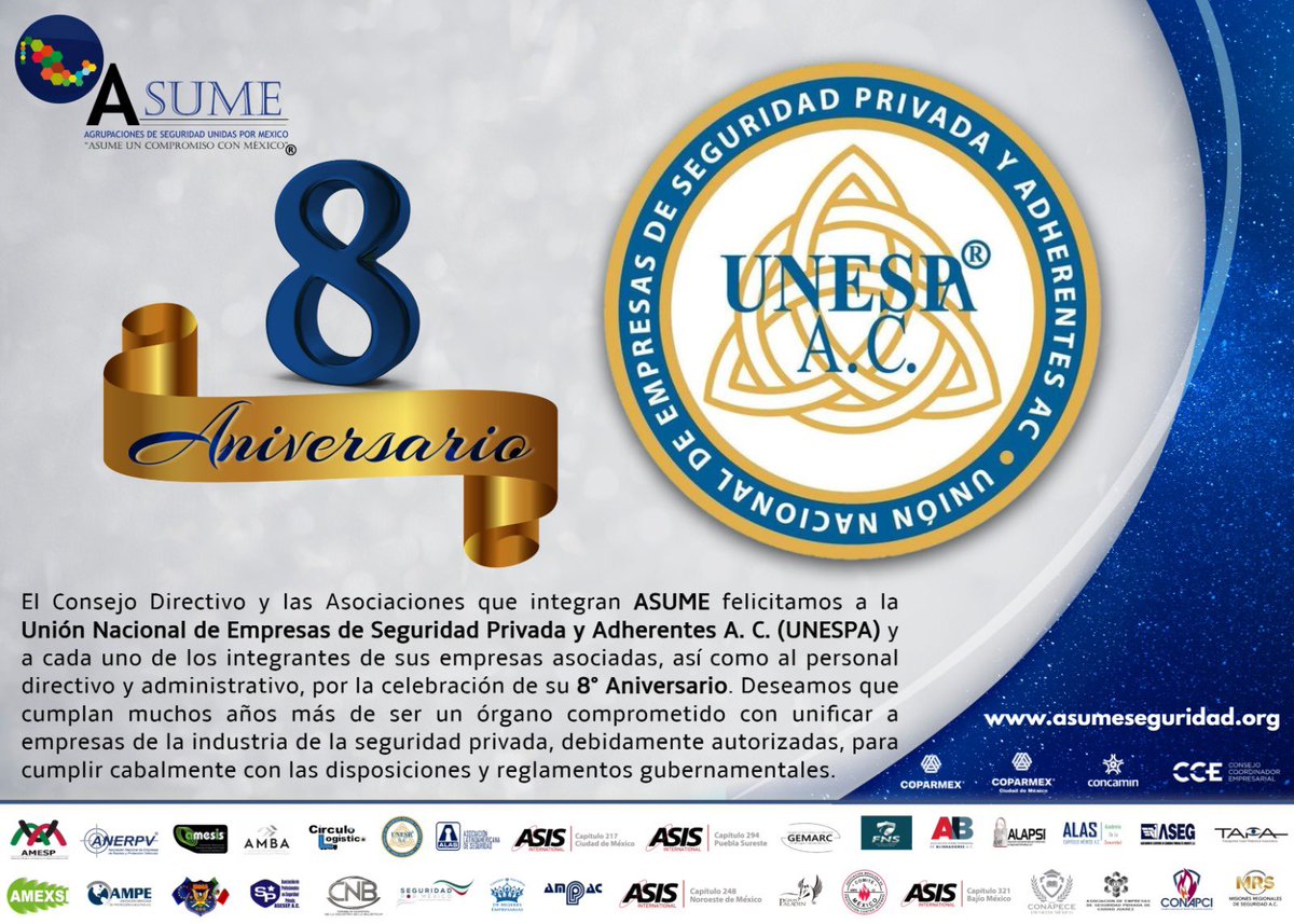 Muchas felicidades a <a href="/PrivadaUnespa/">UNESPA-Seguridad Privada</a> por estos primeros 8 años de unidad y trabajo en pro del Sector dela Seguridad Privada en nuestro país, en hora buena y que sigan los éxitos!!!