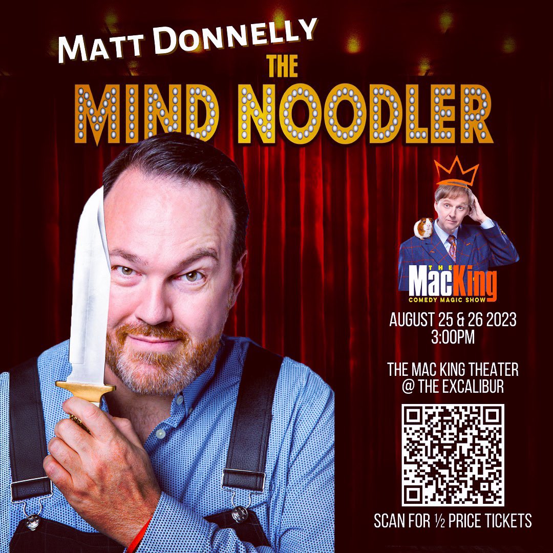 🚨 breaking news 🚨 

I’m filling in for Mac King this 
Friday and Saturday! 

Use the QR code for 1/2 off tix!

3pm shows.
