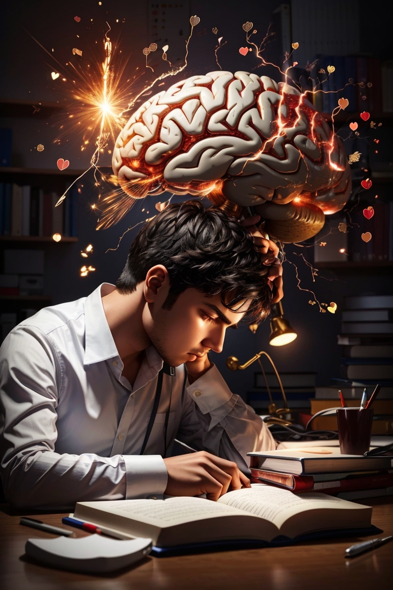 AI generated : A fight between brain and heart , while he is trying to study hard but heart is telling to rest and brain is telling  to study 
DM me if interested in purchasing..   #AIArtwork #AIArtworks #aiartcommunity #AIArtCommuity #art #NFT #NFTs #NFTsales #ArtistOnTwitter