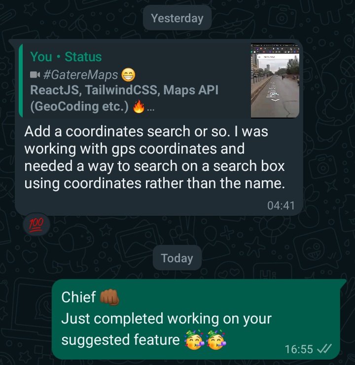 gatere_mark's tweet image. Tasked yesterday to add a feature on the maps project... 😊
→ (Find Location by Coordinates) 🔥
Done ✅ 🥳
#ReactJS
#TailwindCSS
#MapsAPI
#GCP
#100DaysOfCode
#100daysofcodechallenge