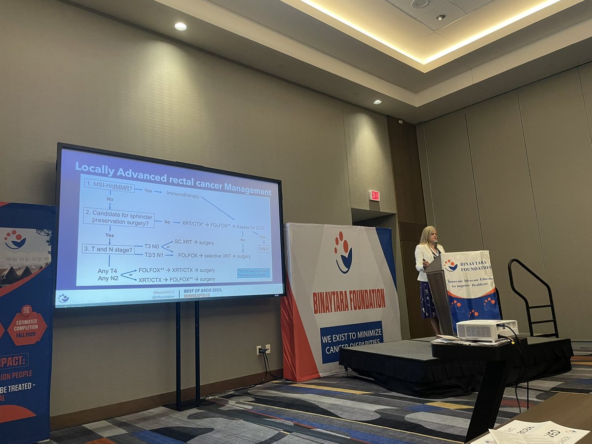 Dr. @Joleen__Hubbard offers a simplified algorithm to management of locally advanced rectal cancer at @btfoundation #BestofASCO in Minneapolis.