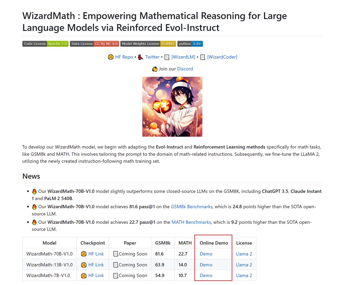 WizardLM_AI's tweet image. 🔥🔥🔥
We share you the online demos of all the WizardMath models:

🧙‍♀️WizardMath-70B: http://47.103.63.15:50083/
🧙WizardMath-13B: http://47.103.63.15:50082/
🧙‍♂️WizardMath-7B: http://47.103.63.15:50080/

❤️Welcome everyone to use your professional and difficult instructions to…
