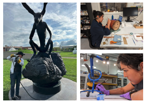 UCLAGettyCons's tweet photo. UCLA/Getty Conservation student Rachel Moore is interning with the Midwest Art Conservation Center where she is working on a wide range of materials, from Barry Flannagan’s “Thinker on a Rock” to an Ojibew birchbark basket and a prototype model chair by Neils Diffrient. https://t.co/lThk0wnrQT
