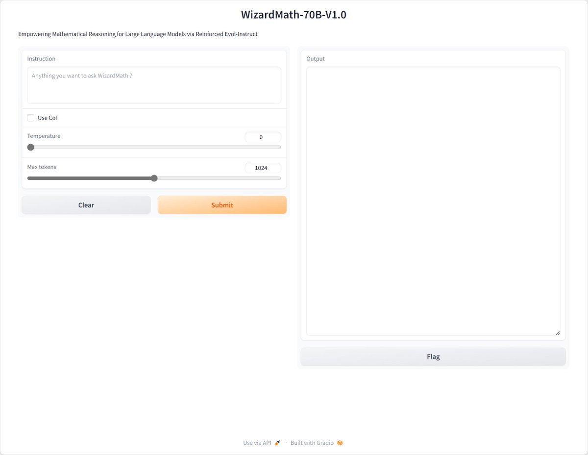 WizardLM_AI's tweet image. 🔥🔥🔥
We share you the online demos of all the WizardMath models:

🧙‍♀️WizardMath-70B: http://47.103.63.15:50083/
🧙WizardMath-13B: http://47.103.63.15:50082/
🧙‍♂️WizardMath-7B: http://47.103.63.15:50080/

❤️Welcome everyone to use your professional and difficult instructions to…