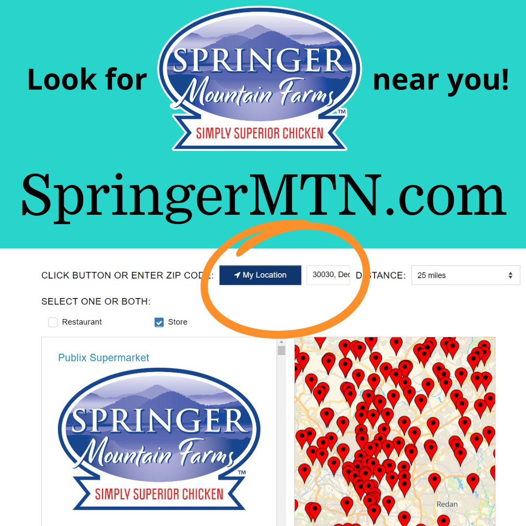 Not sure where to find Springer Mountain Farms chicken in your area? Use our handy store/restaurant locator on the Springer Mountain Farms website - SpringerMTN.com. Just plug in your zip and see what's available near you! #simplysuperiorchicken