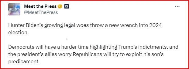 .#IfItsSunday @MeetThePress could have said:
'Republican policies are so unpopular, and Trump's indictments are so serious, that they'l keep running w/ smearing Biden's son, as they have since 2019, even though they lost in 2020 & Trump appointee Weiss has had 4 yrs already.'