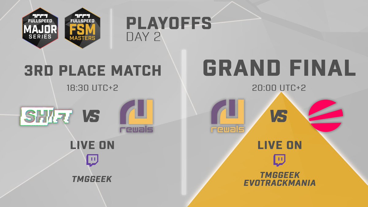 FSMajorSeries's tweet photo. 🏁 Don't miss out on the climax of FullSpeed Masters 2 today!

🥉 Join us at 18:30 UTC+2 for the 3rd place face-off: SHIFT vs reWals Purple!

🏆 And brace yourselves for the Grand Final at 20:00 UTC+2 opposing reWals Gold to Evo!

Links below 👇

#FSISALIVE https://t.co/leFf77E82T