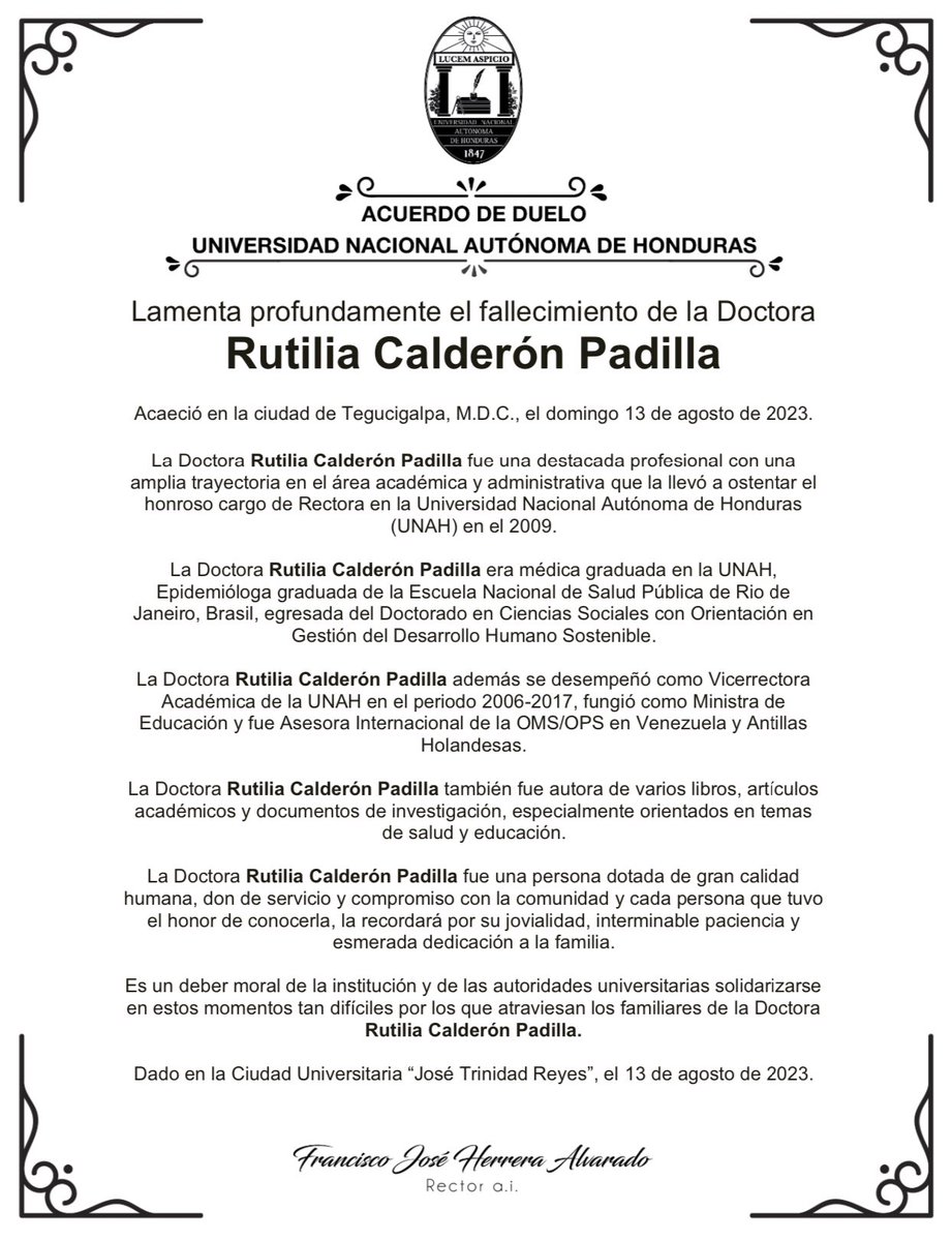 Con profundo pesar y tristeza, lamentamos informar el fallecimiento de la destacada académica Rutilia Calderón Padilla.

Sus contribuciones invaluables como profesional y su dedicación incansable en la <a href="/UNAHoficial/">UNAH Universidad Nacional Autónoma de Honduras</a> han dejado una huella imborrable en nuestra institución y en la