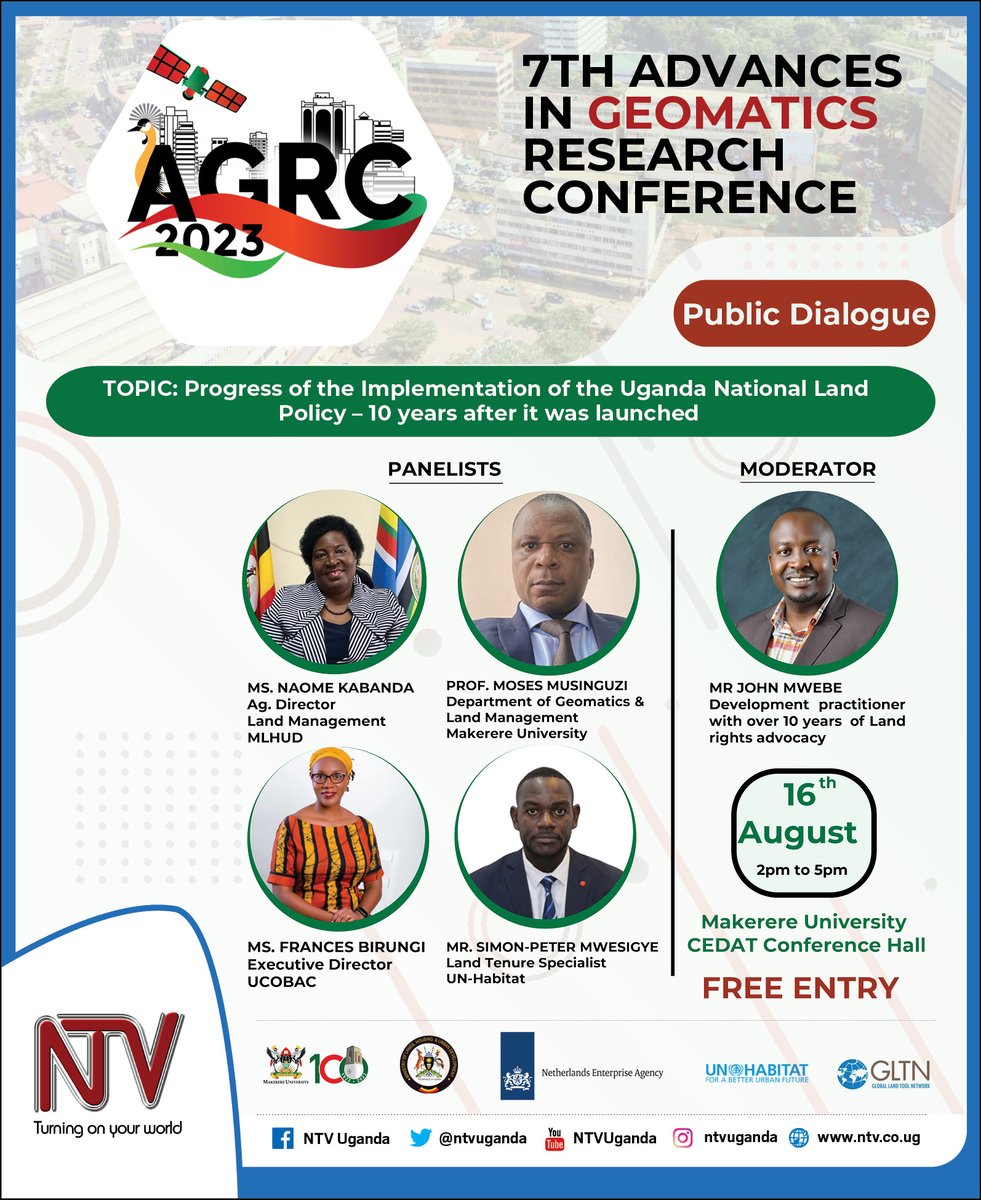 AD: The Department of Geomatics and Land Management, @Makerere has organised a national dialogue on land management on 16th August 2023 at Makerere University. The Dialogue will stream live on NTV YouTube channel and social media platforms from 2pm to 5pm. #AGRC2023.