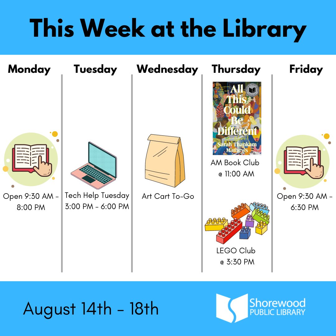 ShorewoodLib's tweet photo. Your weekly library preview has arrived!  Check out what we have in store for you #ThisWeekAtTheLibrary

Don't forget, you can find more information about upcoming library events on our website here: https://t.co/77kHsx9IpG https://t.co/bkEfgQHtja