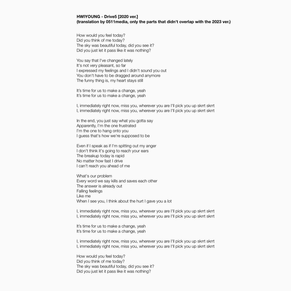 [ENG] HWIYOUNG - Drive5

2020 ver. 
↳ on.soundcloud.com/LY15HqtyEgGQnE…
2023 ver. 
↳ youtu.be/5PEcivzE5oU

#SF9 #에스에프나인 #HWIYOUNG #휘영