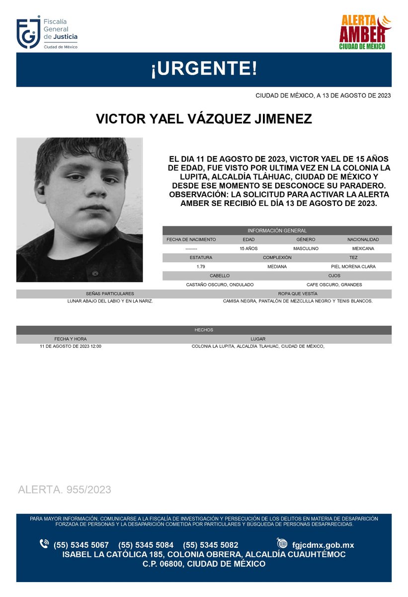 FiscaliaCDMX's tweet photo. Se activa #AlertaAmber para localizar a un menor de 15 años de edad, de nombre Víctor Yael Vázquez Jiménez, fue visto por última vez el día 11 de agosto de 2023 en la colonia La Lupita, alcaldía Tláhuac https://t.co/LtaHwnWiQl