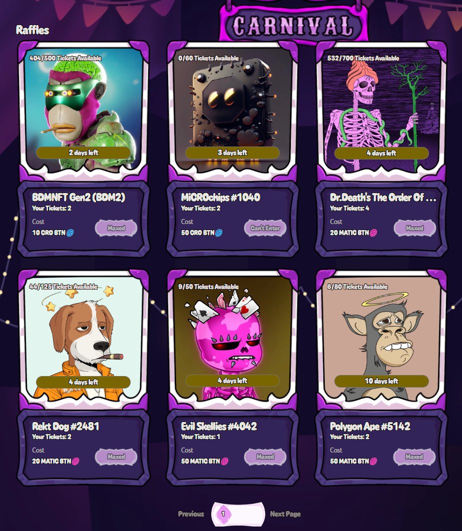 Have you explored the raffle section of the Carnival Marketplace yet?

Some pretty cool nfts up for grabs 👀 

<a href="/BDMNFT_/">BRAINDEAD MONKEYS NFT</a> <a href="/MiCROchipsNFT/">MiCROchips</a> @Join_The_Order <a href="/rektdogs/">Rekt Dogs</a> <a href="/SpaceSkellies/">✰𝕊𝕡𝕒𝕔𝕖 𝕊𝕜𝕖𝕝𝕝𝕚𝕖𝕤✰</a> <a href="/0xPolygonApe/">Polygon Ape: The Evolution</a> 

#crofam #polygon