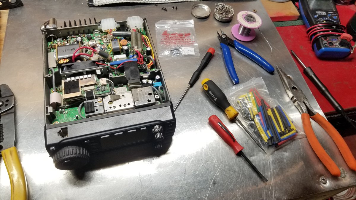 VE7LF's tweet image. Early morning soldering. Fan mod for my #IC706 to help keep it cool in my backhoe. Also 15m stability mod. Grounding being a known issue in these radios, this should help stop my tuning oscillations on 15m. Love this radio!!