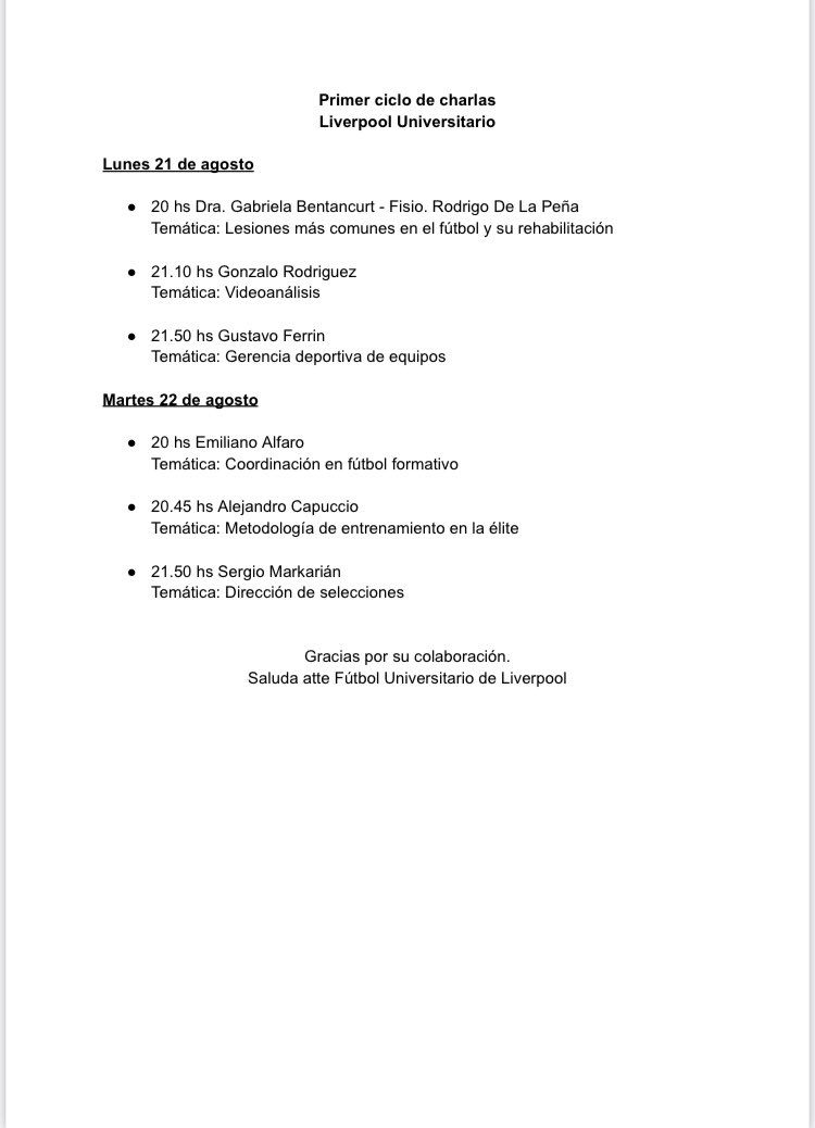 Juan Manuel Gomez (@manologs9) on Twitter photo Interesante ciclo de charlas organizado por <a href="/Liverpool_U/">Liverpool U.</a> con prestigiosos profesionales del rubro deportivo!!
Se agradece difusión <a href="/ChavoCanepa/">Gustavo Cánepa</a> <a href="/LUD_Oficial/">Liga Universitaria de Deportes</a> muchas gracias 💪🏼 Interesante ciclo de charlas organizado por <a href="/Liverpool_U/">Liverpool U.</a> con prestigiosos profesionales del rubro deportivo!!
Se agradece difusión <a href="/ChavoCanepa/">Gustavo Cánepa</a> <a href="/LUD_Oficial/">Liga Universitaria de Deportes</a> muchas gracias 💪🏼