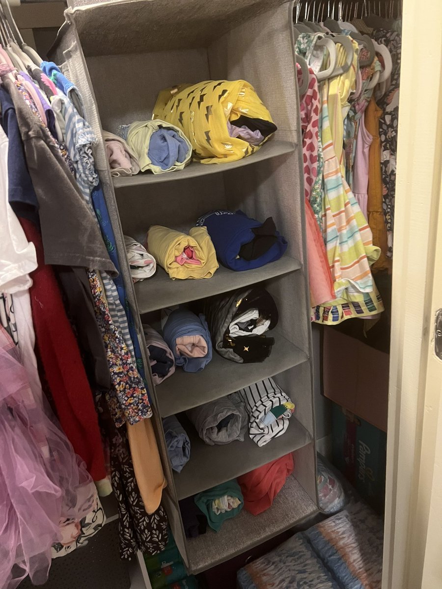Fave parent hack: have the kids pick out their daily outfits on Sunday for the week ahead! We store ours in hanging shelves in their closets!! First week of school here we come! #parenthack