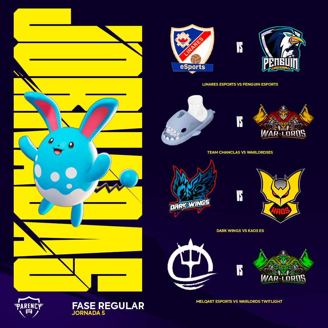 #PokemonUnite

3 jornadas para finalizar el campeonato, ¿Quién se PROCLAMARÁ CAMPEÓN?

📅 Jornada 5
🔵 @LinaresEsports vs <a href="/PenguinEsportES/">Penguin Esport</a> 
🔴 #TeamChanclas vs <a href="/WarlordsES/">WARLORDS</a> 
🟢 <a href="/DarkWingsUnite/">Dark Wings</a> vs <a href="/KAOS_es/">K✧✧S</a> 
🟠 <a href="/MelqartEsports/">Melqart Esports 🔱</a> vs #WarlordsTwitlight 

#ParencyCup #HoraDeBrillar